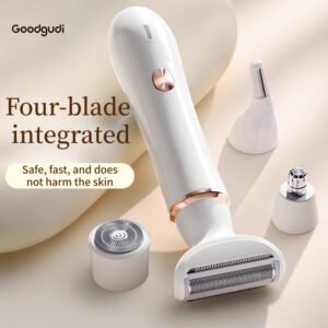 4-in-1 Electric Body Groomer for Women – Rechargeable Private Hair Trimmer with Interchangeable Heads for Eyebrow, Nose Hair, Armpit, Leg & Bikini Line, Rounded Blade for Sensitive Skin