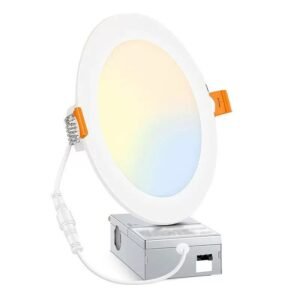 Ultra-Thin Selectable CCT LED Recessed Ceiling Light with Junction Box – 5-in-1 Color Temperature (2700K-5000K), Dimmable, Wet Location Approved for Kitchen, Living Room, Hallway & Office