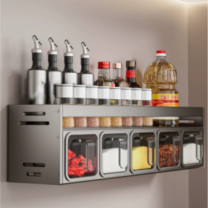 Wall Mounted Adjustable Spice Rack – Aluminum Seasoning Jar Storage Organizer, 3/4/5 Grids, Kitchen Shelf for Jars, Spices & Condiments